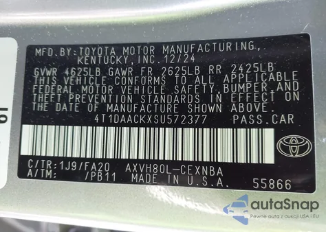 2025 Toyota Camry Le из США, поврежденный, VIN 4T1DAACKXSU572377